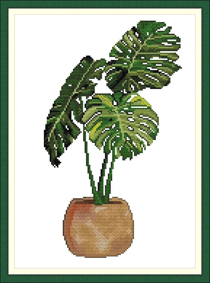 CaptainCrafts Cross Stitch Kits, Stamped Cross Stitch Kits Printed Fabric Cross Stitch DIY Needlework Embroidery Kit House Decor Monstera deliciosa (Printed 14CT)