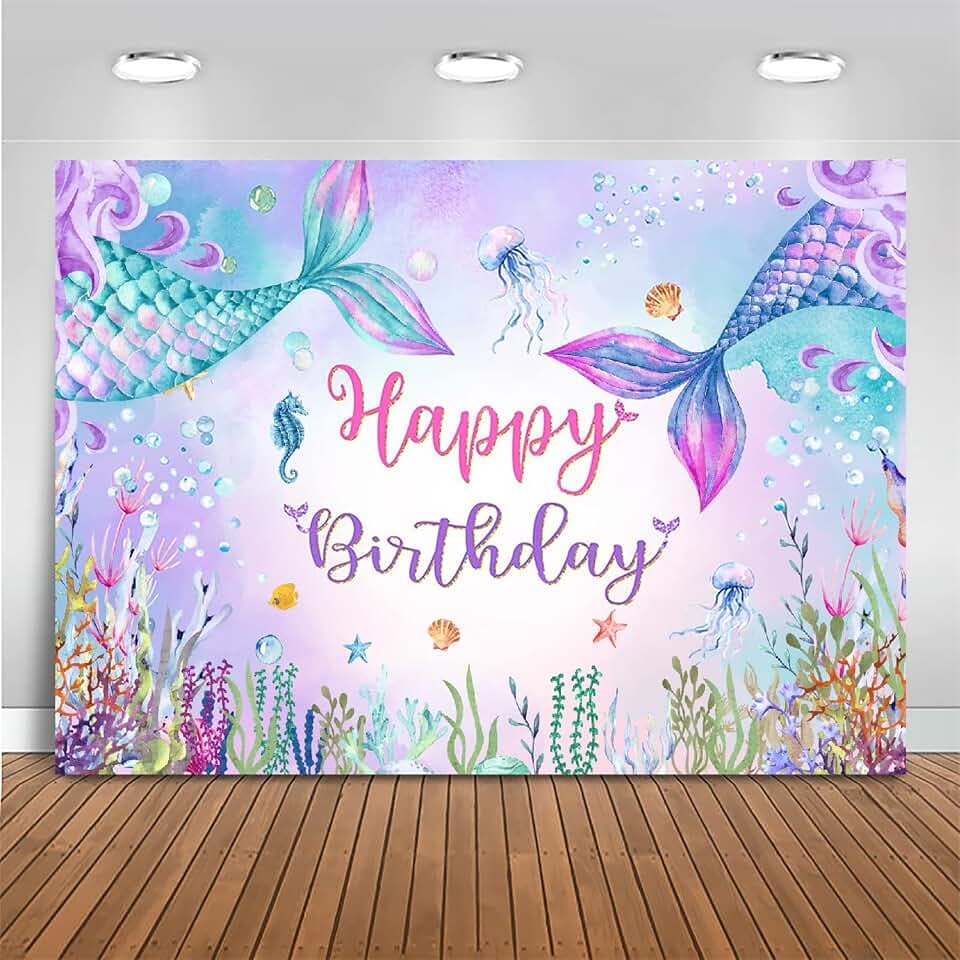 Mocsicka Mermaid Birthday Backdrop Under The Sea Birthday Party Decoration for Girl Blue Purple Mermaid Tails Photography Background (8x6ft(96x72 inch))