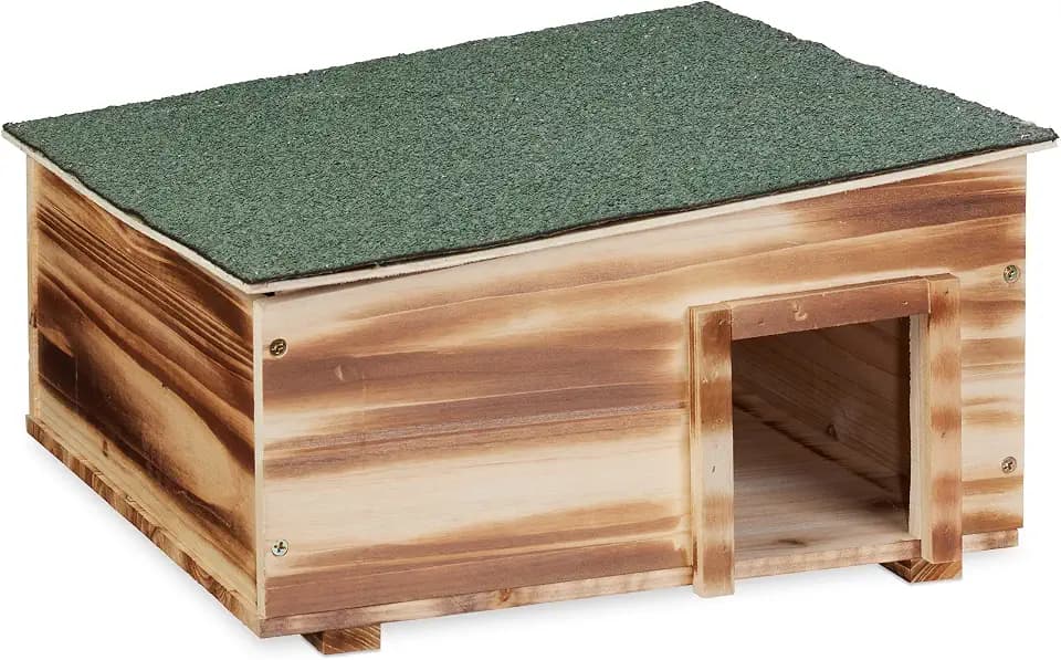 Relaxdays Igelhaus, geflammtes Holz, Igelhotel Boden, 2 Kammern, Winterquartier Igel, Garten, HBT 21,5x40x40 cm, braun