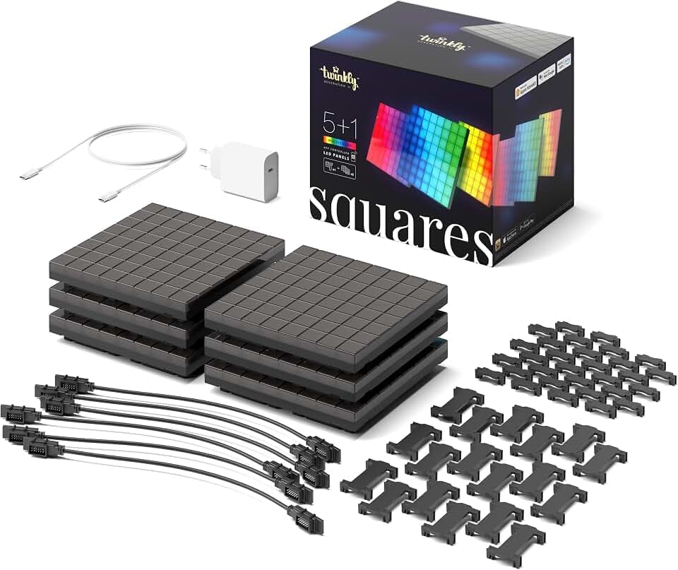 Twinkly Squares Starter Kit, RGB LED Paneelen, Enthält 1 Hauptpaneel und 5 Erweiterungspaneele, Kompatibel mit HomeKit, Alexa und Google Home, Gaming- und Streaming-Lichter, 16M+ Farben
