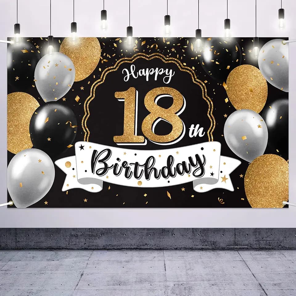 Happy 18th Birthday Decorations,18th Black & Gold Balloon Large Birthday Banner Backdrop Sign - Cheers to Eighteen Years Old Bday Party Decoration.