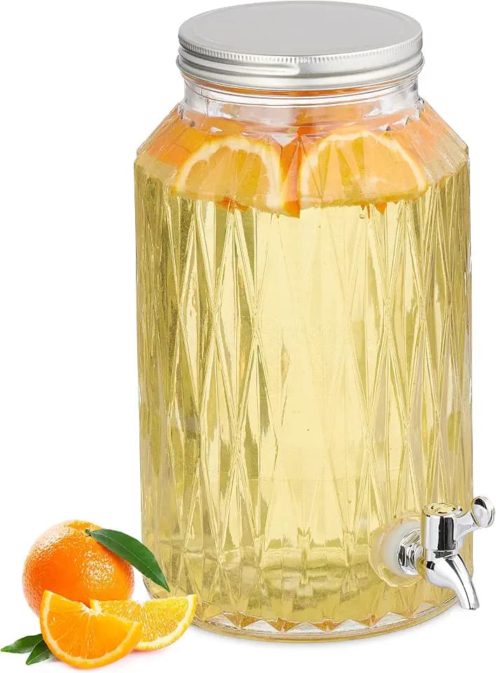Relaxdays Getränkespender, Limobehälter 5L, Rauten-Design, Zapfhahn und Deckel, Wasserspender, aus Glas, transparent