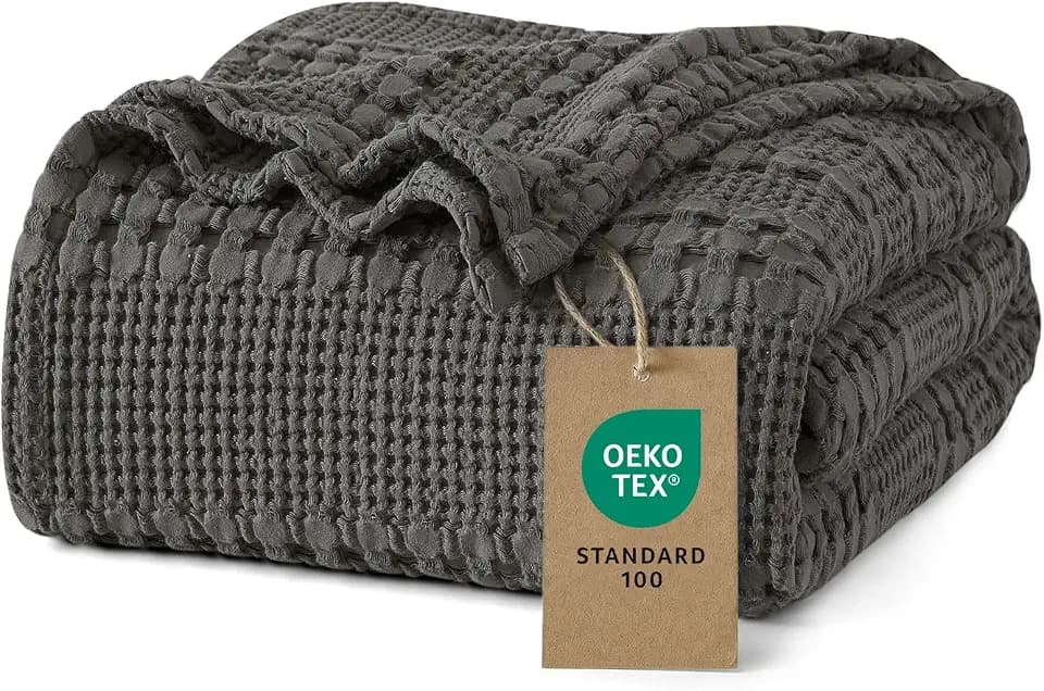 PHF 100% Baumwolle Waffledecke Kuscheldecke 130x150cm, Oeko-TEX® Zertifiziert - Hotelwäschequalität - Ideal für Sofa Couch Bett, leicht & atmungsaktiv, Anthrazitgrau (Charcoal Grey)