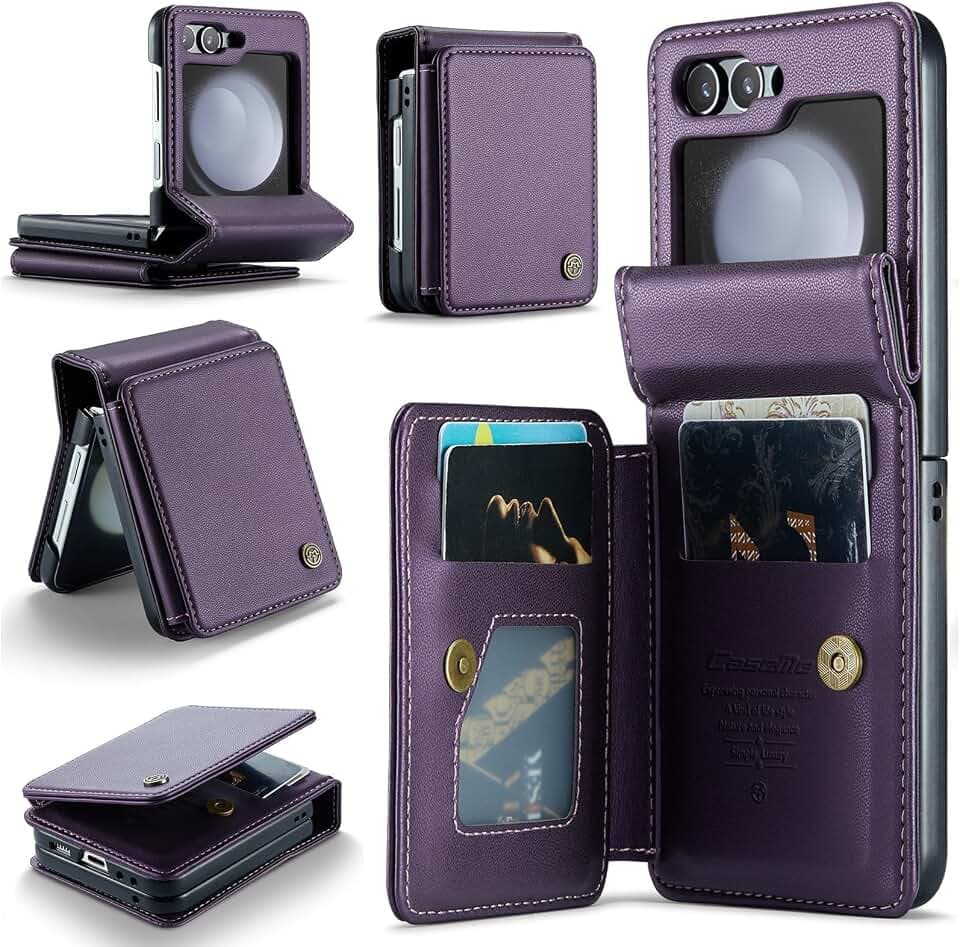 Kowauri for Samsung Galaxy Z Flip 5 Case with Card Holder, Galaxy Z Flip 5 PU Leather Wallet Case with RFID Blocking Card Slot Magnetic Closure Shockproof Protective Phone Cover for Women Men, Purple