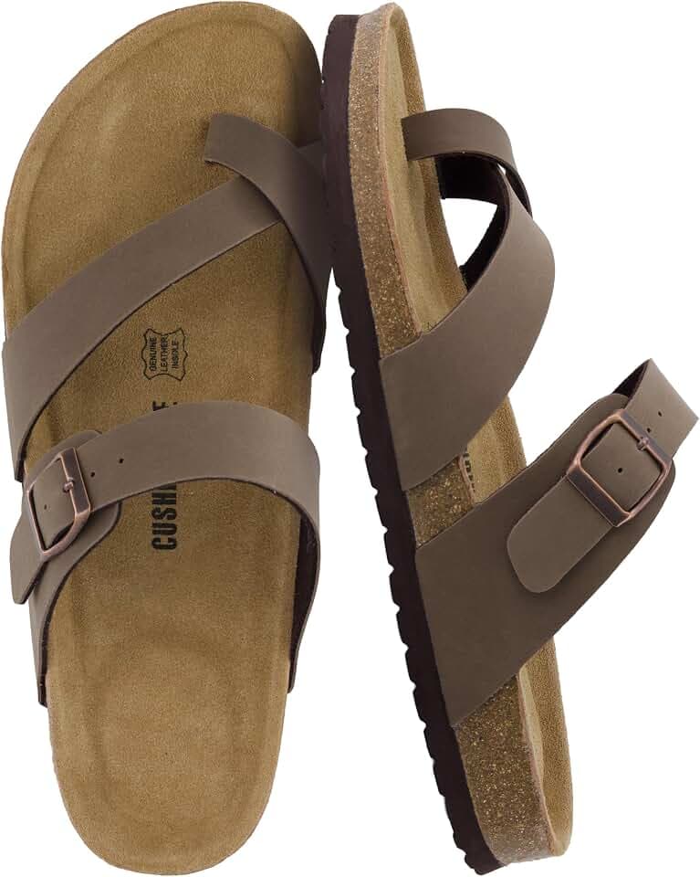 CUSHIONAIRE Luna-M Slides for Men, Comfortable Cork Footbed Mens Sandals with Arch Support and Adjustable Buckle Strap