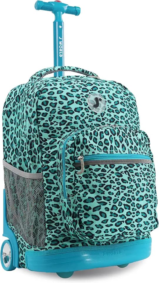 J World Sunrise Kids Rolling Backpack with Wheels for Girls Boys, Roller Bookbag for School, 18 x 13 x 9 Inches, Mint Leopard