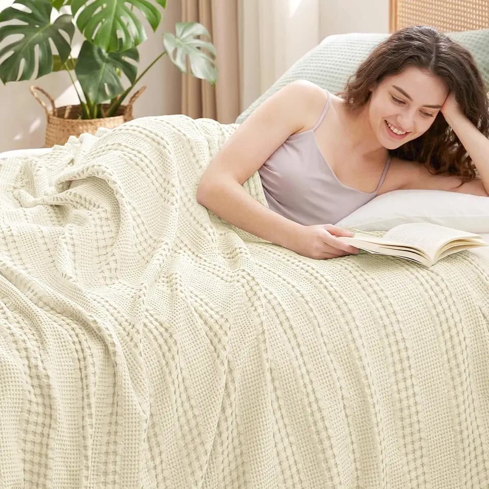 PHF Cooling Waffle Blanket for Hot Sleepers Twin Size, 66"x90", Ivory