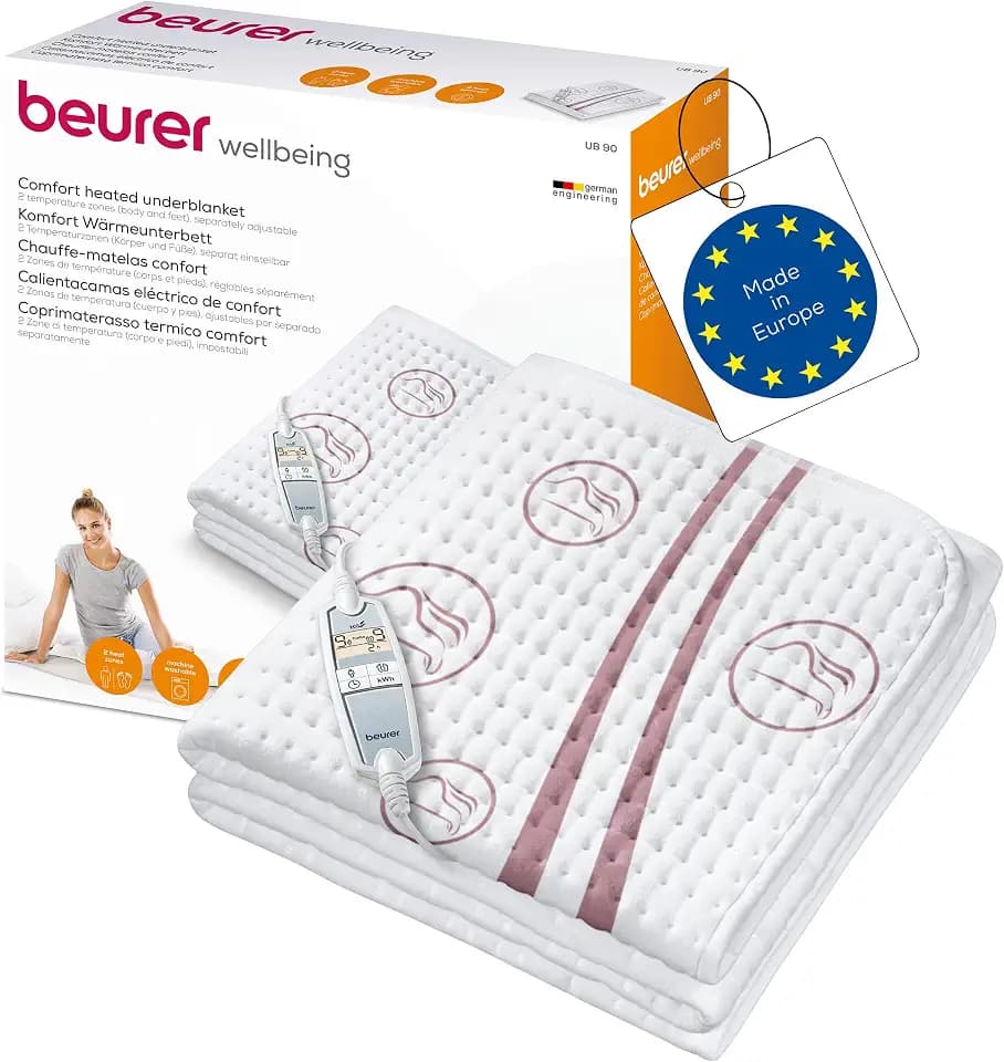 Beurer UB 90 Komfort Wärme-Unterbett, anschmiegsame Wärmebettunterlage mit zwei Temperaturzonen und je 9 Temperaturstufen, mit Rückschaltautomatik und Eco-Control, 150 x 80 cm, maschinenwaschbar
