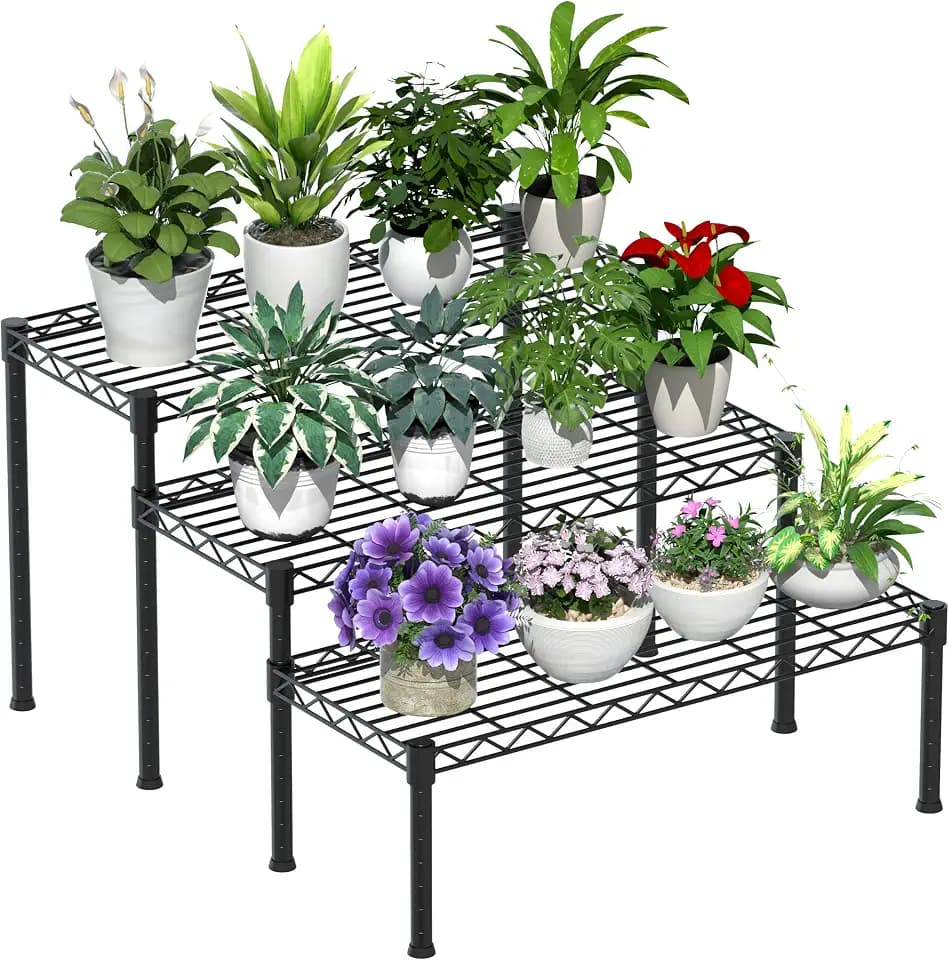 Xiofio 3 Tier Ladder Potted Multiple Plants for Indoor and Outdoor Plant Stands, Adjustable Shelves and Multifunctional Plant Racks suitable for living room balconies and gardens,(Black)