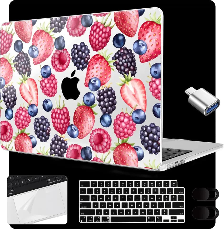 MEEgoodo Case for M5/M4/M3/M2 MacBook Air 15 inch Case 2026 2025 2024 2023, Laptop Shell Fit Model (A3448/A3241/A3114/A2941) for MacBook Air 15.3-inch, Fresh Berries Pattern