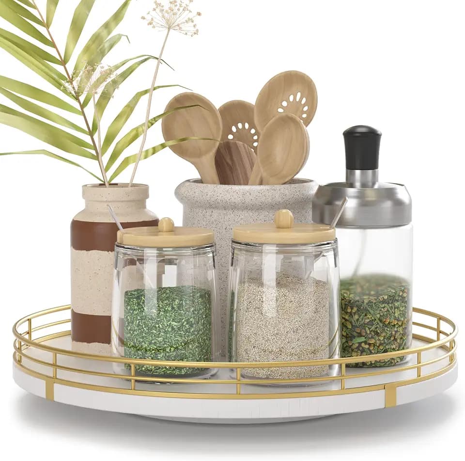 Oroyutor 10-Inch White Wooden Lazy Susan Spice Organizer with Gold Rail