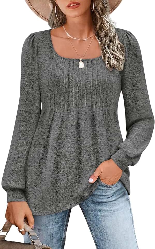 Zwurew Women's Puff Long Sleeve Shirts 2024 Trendy Scoop Neck Loose Fit Blouses Pleated Flowy Tunic Tops S-2XL