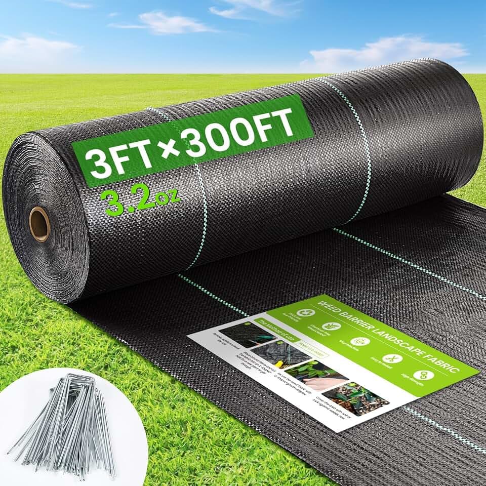 Weed Barrier Fabric, 3x300ft Landscape Fabric, 3.2oz Heavy Duty Durable Woven Geotextile Fabric, High Permeability Ground Cover Mat, Driveway Fabric, Garden Weed Control Cloth with 20 U-Securing Pegs