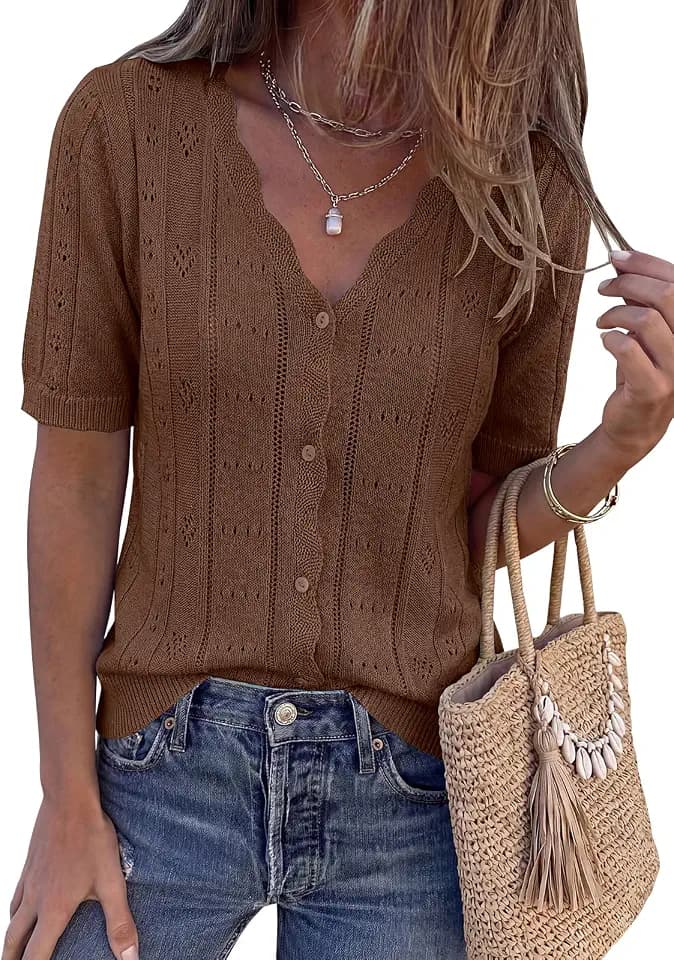 PRETTYGARDEN Womens Short Sleeve Crochet Knit Sweater Summer Fashion 2026 Button Down Lightweight Cardigans Summer Tops