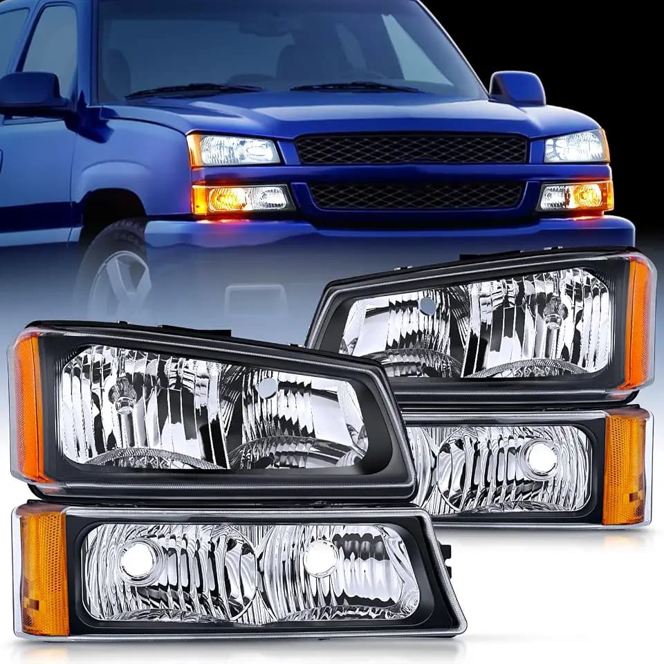 Nilight Headlight Assembly for 2003 2004 2005 2006 Chevy Silverado Avalanche 1500 1500HD 2500 2500HD 3500 Chevrolet Pickup Replacement Headlamp Black Housing Amber Reflector Bumper Lamp Set