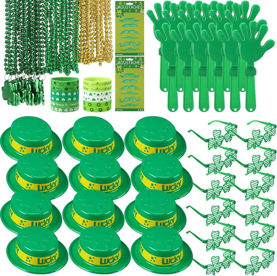 Misdary 96 Pcs Irish Favors for 12, Derby Hats Glasses Clappers Necklaces