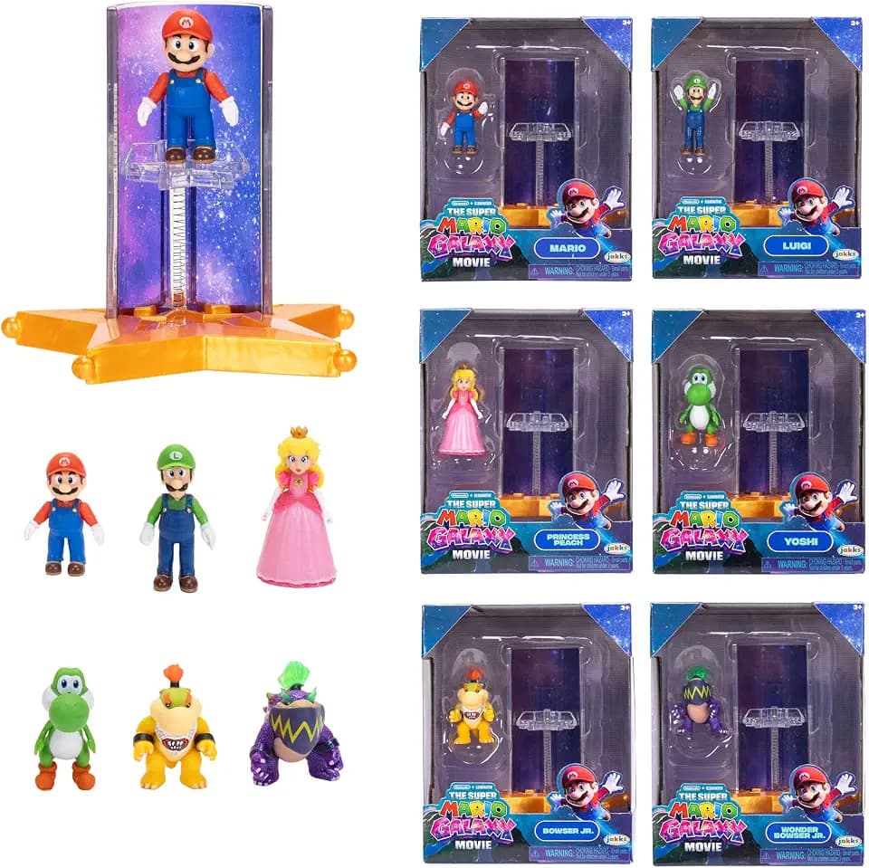 The Super Mario Galaxy Movie – 1.5” Mini Figures with Star Launcher Accessory 6-Pack Bundle - Includes Mario, Luigi, Yoshi, Princess Peach, Bowser Jr., and Wonder Bowser Jr.