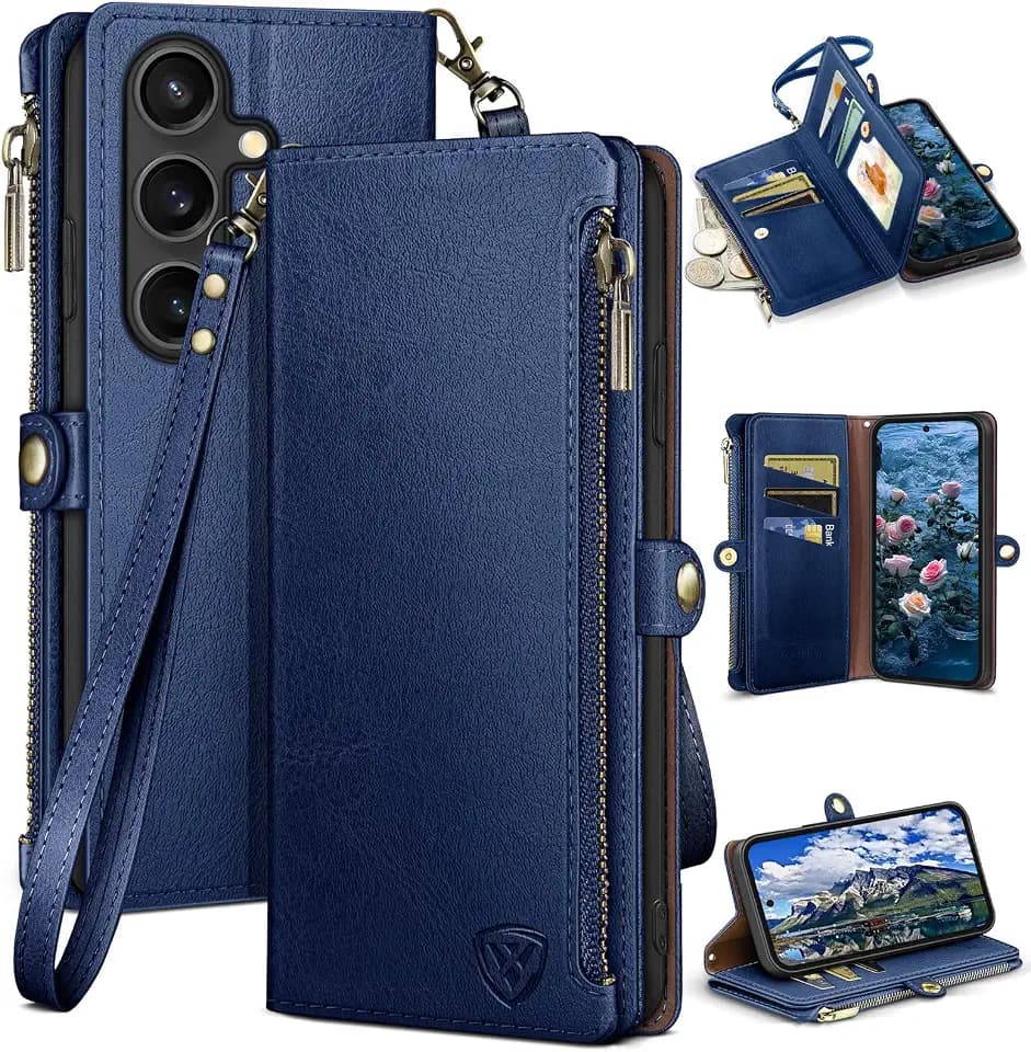 XcaseBar Compatible with Samsung Galaxy S25 Plus Wallet case with Zipper Credit Card Holder【RFID Blocking】,Flip Folio Book PU Leather Phone case Shockproof Cover Women Men for S25 Plus case Blue