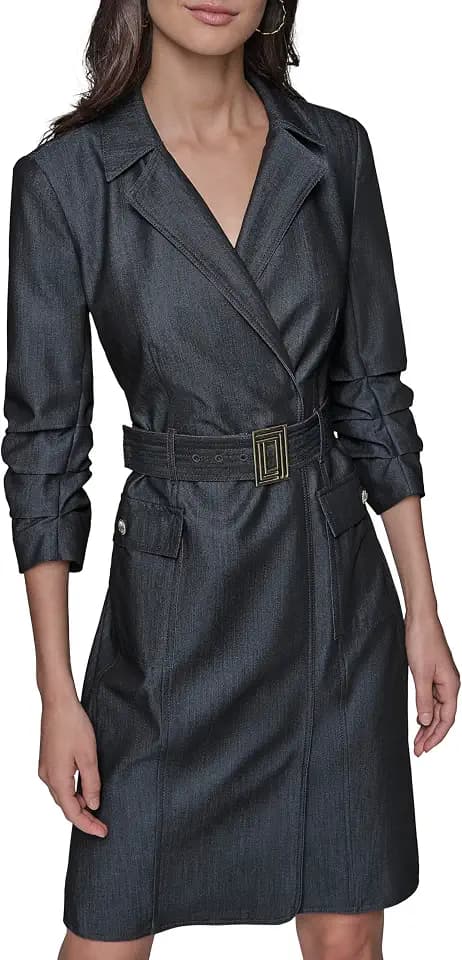 Karl Lagerfeld Women's Denim Collared Belted ¾ Sleeve Knee Length Dress