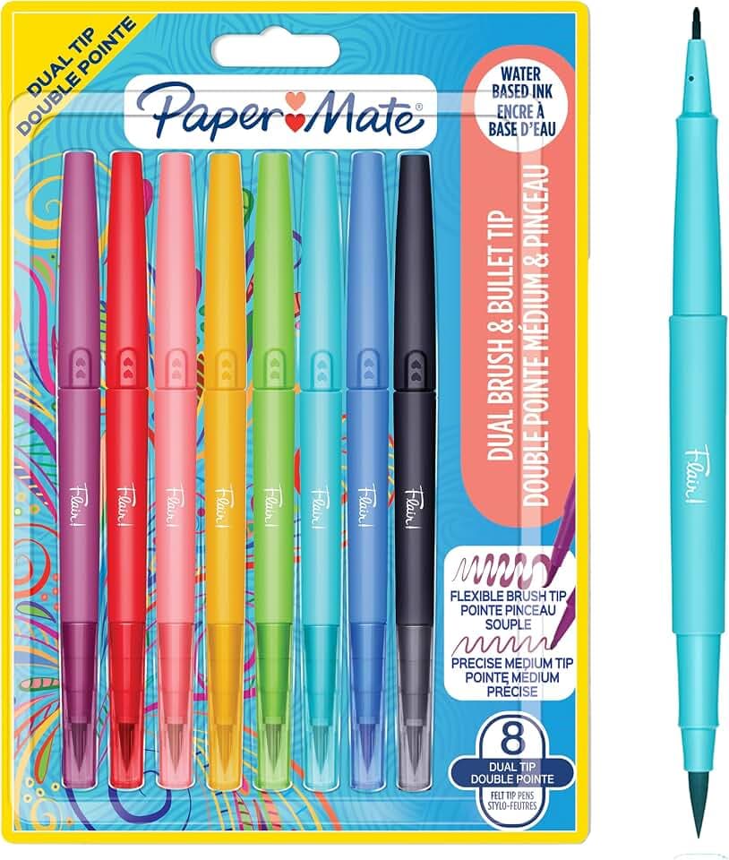 Paper Mate Flair-Filzstifte mit ZWEI Spitzen | Pinsel- & mittlere Spitze (0,7 mm) | Marker mit Doppelspitze für Kinder & Erwachsene zum Ausmalenfür Tagebücher und mehr | gemischte Farben | 8 Stück