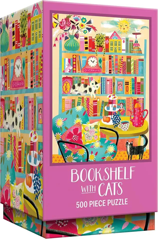 RoseArt - Vertical Visions - Bookshelf with Cats - 500 Piece Jigsaw Puzzle - Whimsical Cat-Filled Library Puzzle for Adults