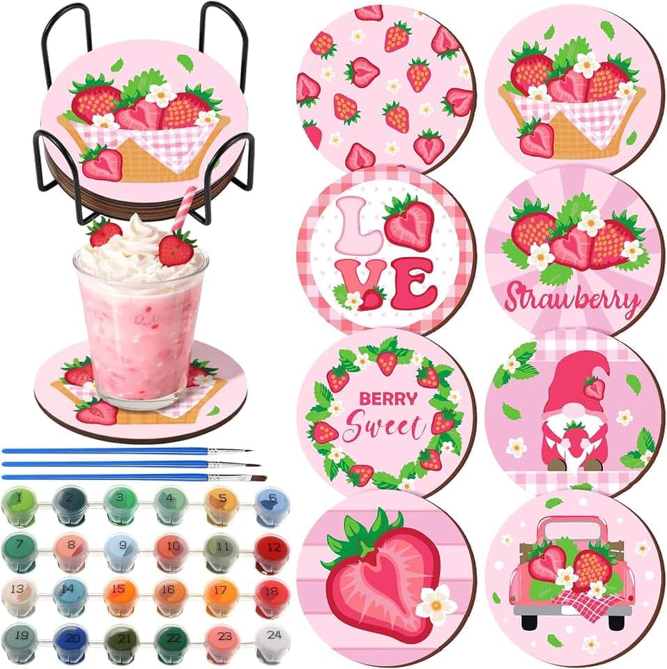 Reallnaive 8 Pcs Strawberry Paint by Numbers Kit for Adults Wooden Coasters