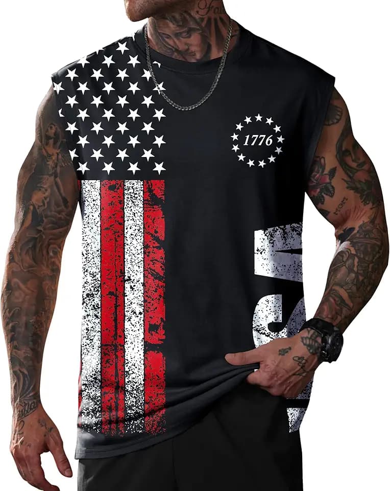 VOGSTART Mens American Flag‌ Tank Top Muscle Graphic Crewneck ‌Sleeveless Shirt (S-3XL)