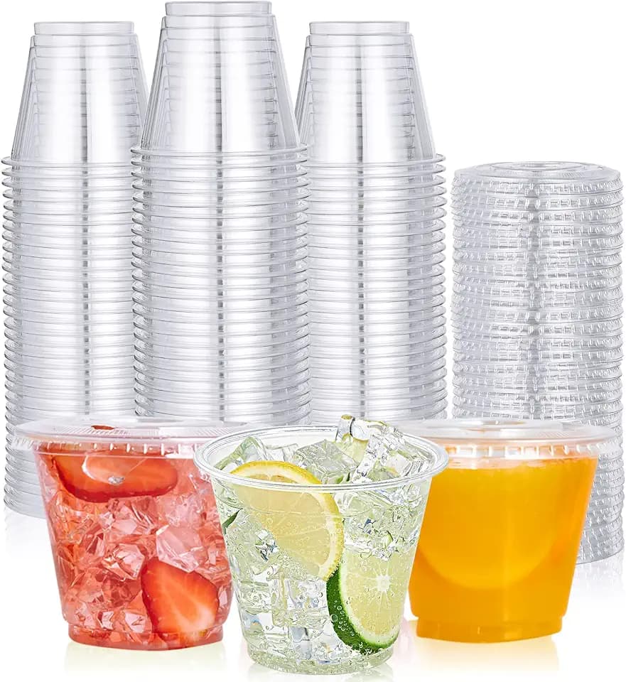Lilymicky 200 PACK 9 oz Clear Plastic Cups with Flat Lids