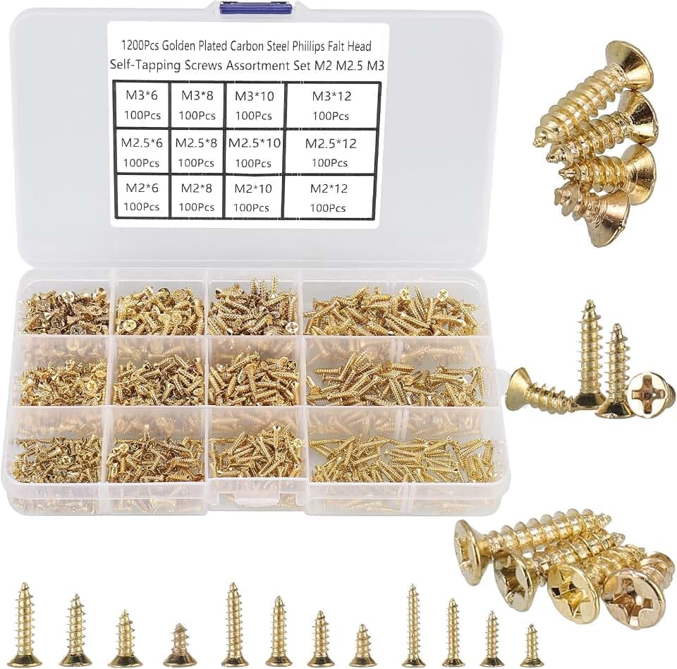 M2 M2,5 M3 Blechschrauben Set,1200 Stück Kleine Holzschrauben Senkkopf Selbstschneidende Schrauben, Flachkopf Selbstbohrschrauben, Kreuzschlitzschrauben für Kunststoff Holz Hausgemachte Reparatur.