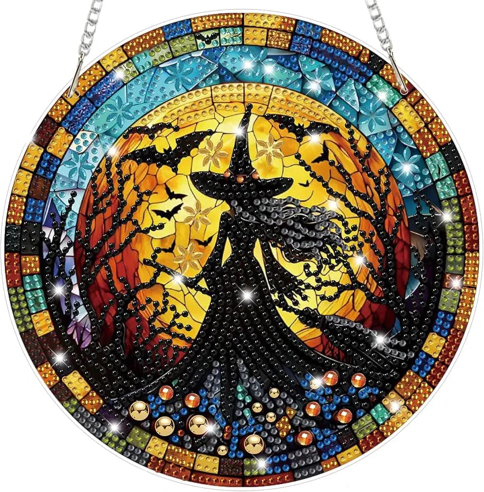 Bowetile Stained Glass Witch Diamond Art Hanging Kits for Adults, Halloween Diamond Art Suncatchers, 5D Special Shape Diamond Painting Pendant Window Ornament Gifts for Home Door Wall Decor