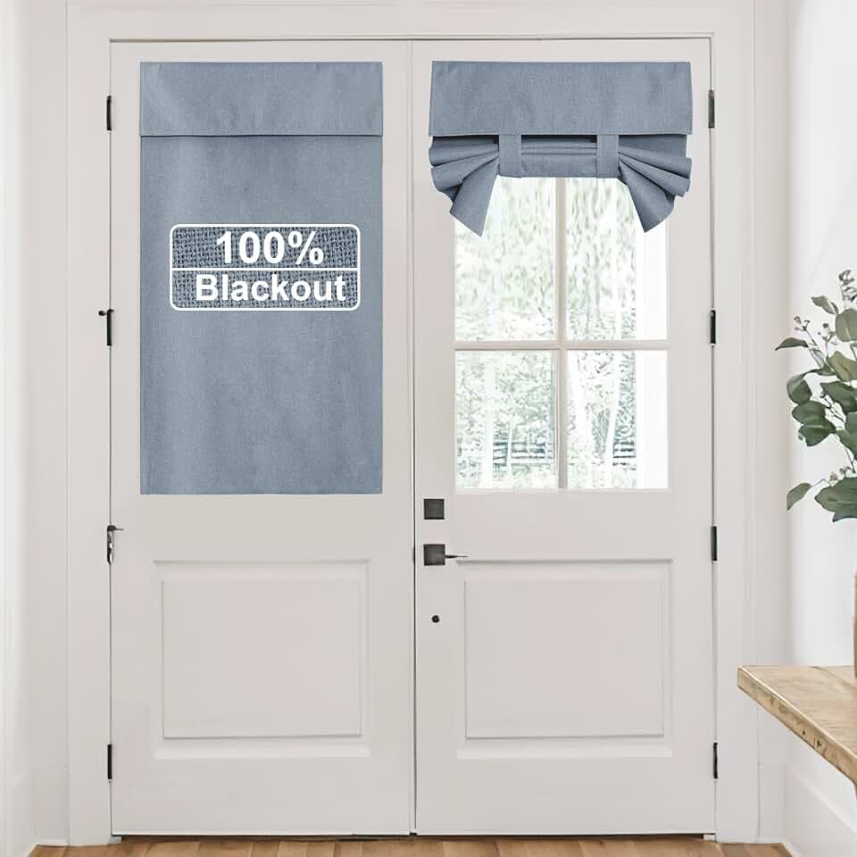 RYB HOME 100% Blackout Short French Door Linen Curtain for Small Window, Light Blocking Privacy Window Drapes for Front Doors Lightweight Tie up Shade, W 26 x L 40, Stone Blue, 1 Panel