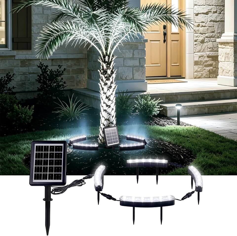 FORUP Solar Tree Lights Cool White 6000K, 360° Ring Uplight, Ground Stake, 3 Dimming, Auto On/Off, IP44 Waterproof, Solar Landscape Light, Adjustable Inner Diameter for Garden Palm Patio Decor