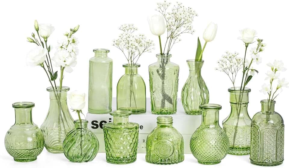 Dekorative Glasvasen Set, Bernstein, 12 Stück, Vintage-Stil mit Strukturmuster, für Blumen und Heimdekoration (Grün, 12 Stück)