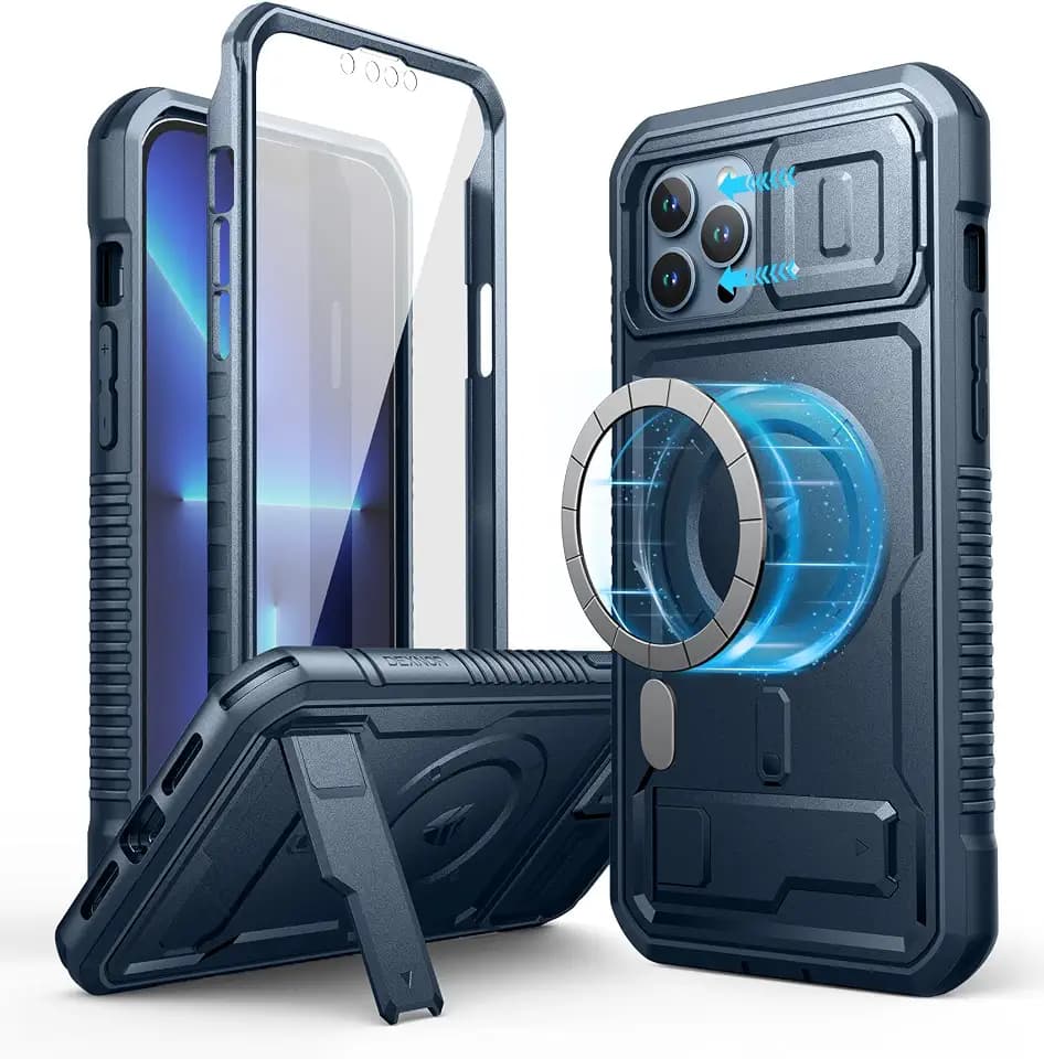 Dexnor for iPhone 12 Pro Max Case with Camera Cover [Compatible with MagSafe] [Built-in Screen Protector] Heavy-Duty Shockproof Full-Body Rugged Protective Magnetic Cover with Kickstand, Blue