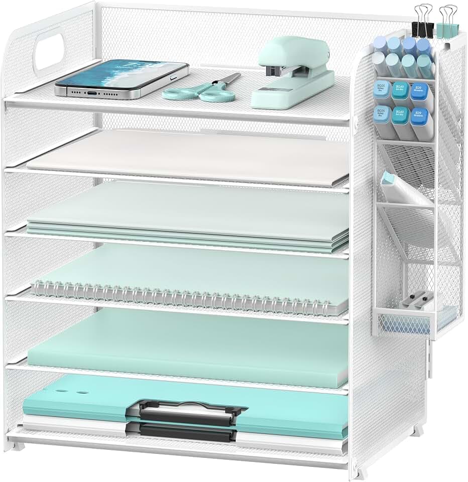 Supeasy 6 Tier Desk Organizer with 4 Pen Holders & Mesh Paper Trays White