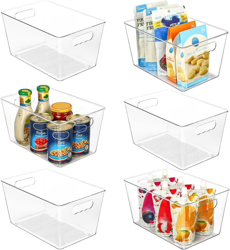 Vtopmart 6 Stück (28,6 x 15,2 x 19,1 cm) transparente Kunststoff-Aufbewahrungsboxen, Küche, Speisekammer, Schrank-Organizer, Kühlschrank-Organizer, Badezimmer-Aufbewahrungsbox mit Griff, groß