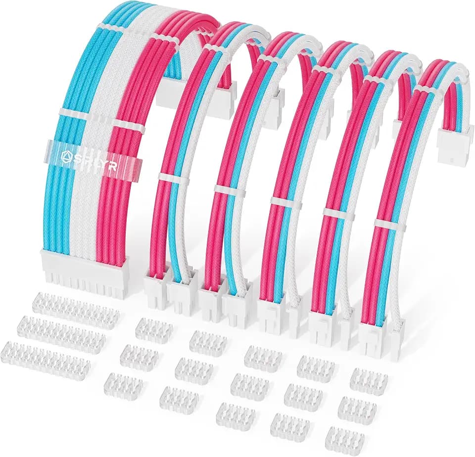 Sirlyr PSU Ext Kit,24/8Pin Pre-Bent&Gold Terminals,Pink/Blue/Wht