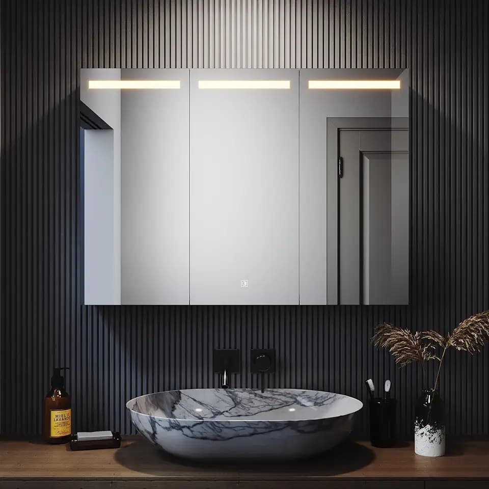 SONNI Spiegelschrank Bad mit Beleuchtung 90 x 65 cm Edelstahl Badezimmer-Spiegelschrank mit Steckdose und Touch 3 türig LED Badpiegelschrank 3 einstellbare Lichtfarben