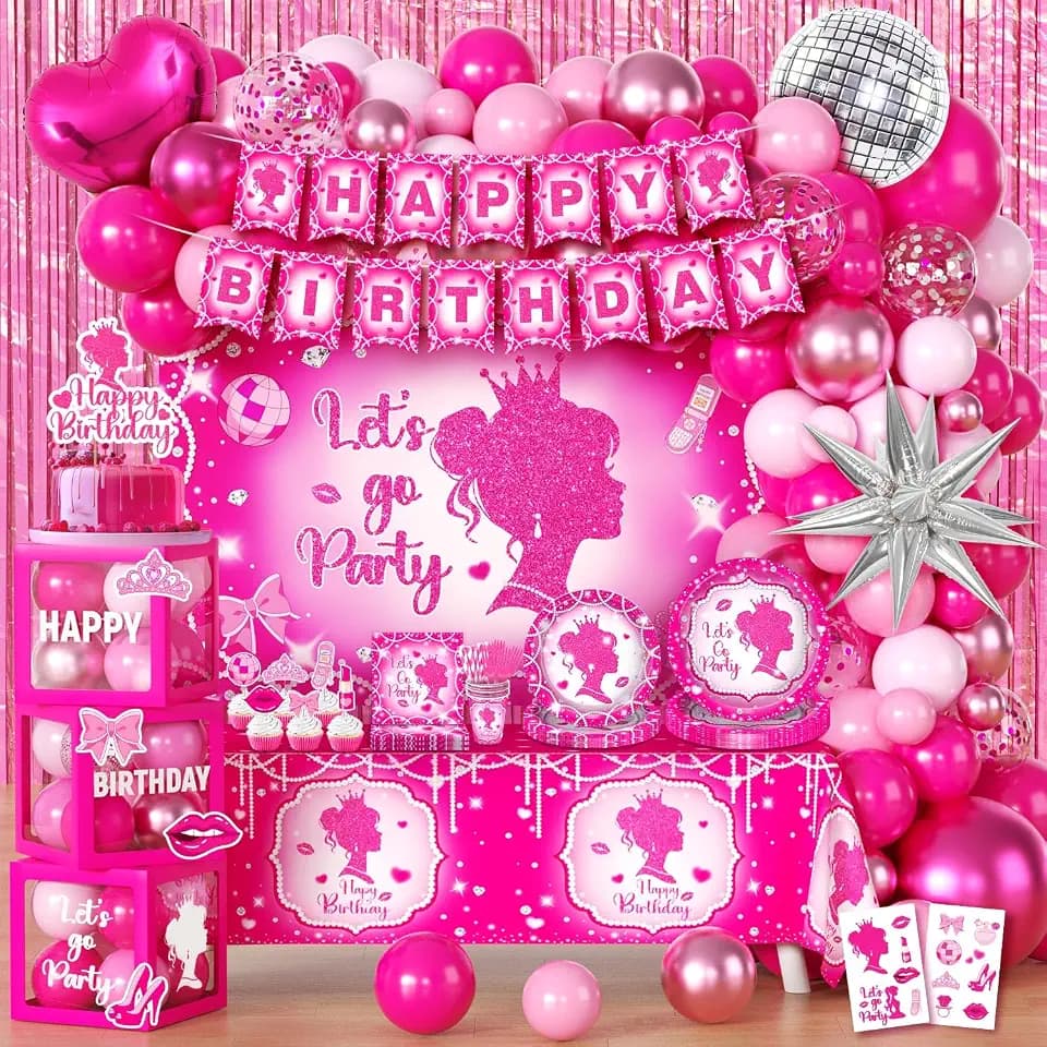 Hot Pink Birthday Decorations for Girls, 24 Guests Party Kit