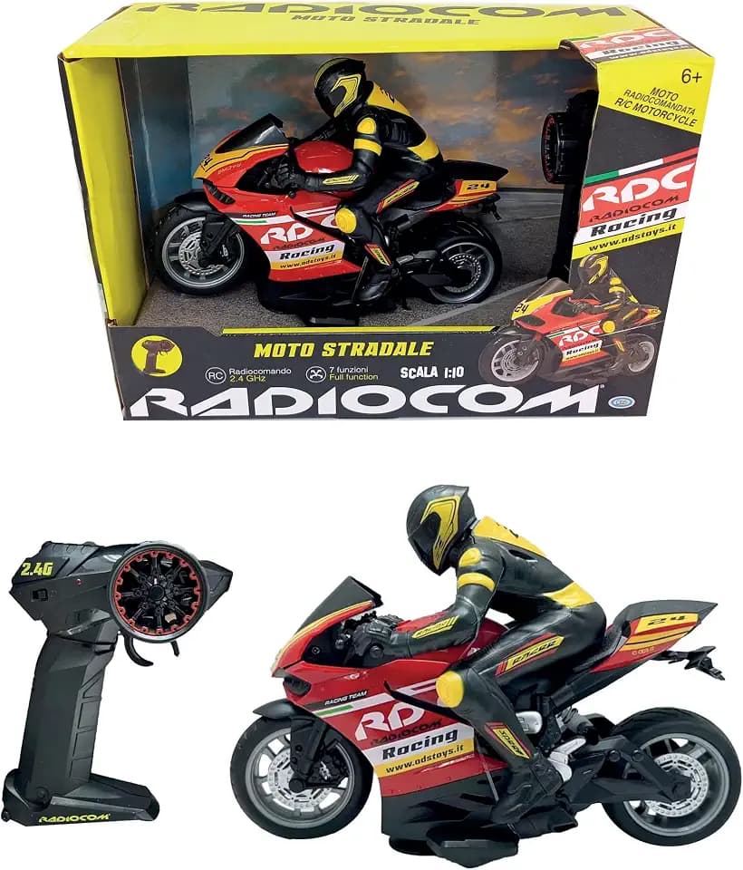 ODS - Radiocom Straßenmotorrad, ferngesteuertes Motorrad, Spielzeug, Fernsteuerung 2,4 GHz, 7 Funktionen, Maßstab 1:10, Alter +6 Jahre