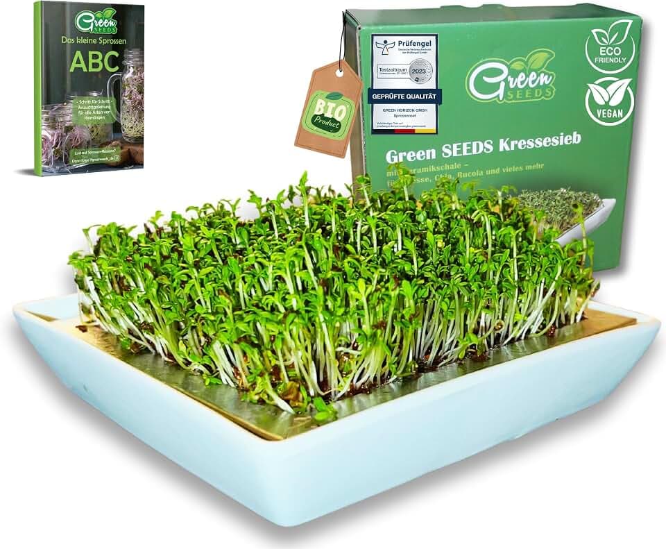 Green SEEDS® Kressesieb 1er Set | Edelstahlsieb mit hochwertiger Keramikschale | Anzuchtschale 14 x 14cm Spülmaschinenfest u. Rostfrei + Sprossen-ABC (E-Book)