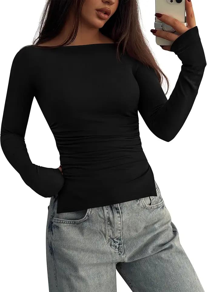 KIRUNDO Long Sleeve Shirts for Women 2026 Fitted Boat Neck Going Out Tops