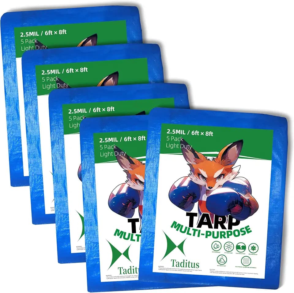 2.5 Mil Waterproof Tarp 6x8 Ft (5 Pack) | All-Weather Light Duty Upgraded 2.0 | Camping DIY Home Cover