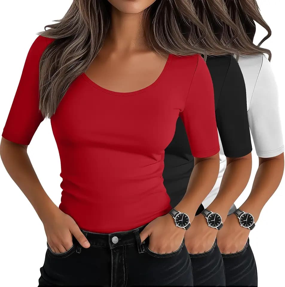Neer 3 Pcs Women's Half Sleeve Fitted Tops Scoop Neck T-Shirts