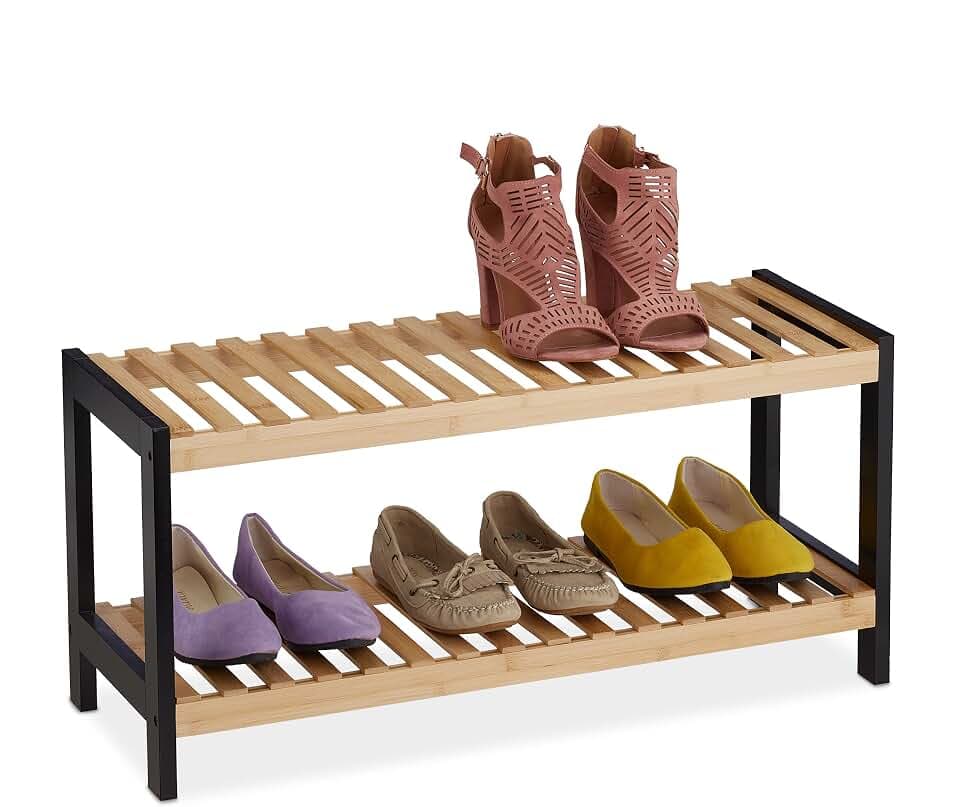 Relaxdays Schuhregal 2 Ebenen Bambus, natur/schwarz