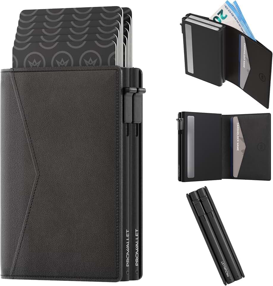Double - Portemonnaie 14 Karten und Geldscheine - Wallet mit RFID-Schutz - Kartenetui, Geldbörse - Card Holder Aluminium - Damen und Herren - Luxuriöser Geschenkbox (Schwarz)