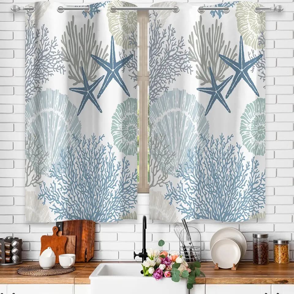 Tritard Coastal Kitchen Window Curtains Grommet Drapes Nautical Beach Themed Thermal Insulating 50% Light Blocking Privacy Curtain for Kitchen, 2 Panels Set, 26x36 Inches