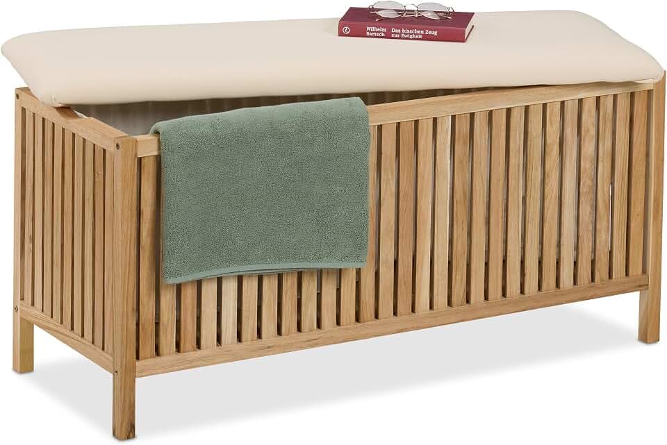 Relaxdays Wäschetruhe mit Sitz, Badhocker mit Stauraum, 100 l Wäschesammler, HBT: 50x100x38 cm, Holz/Stoff, Natur/weiß