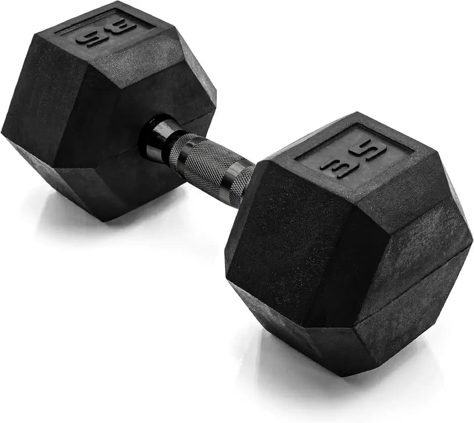 CAP Rubber Coated Dumbbell Weights, Free Weights for Home Gym Strength Training, Anti-Roll Hex Dumbbells with Black, Chrome & Comfort Grip Handles, Singles