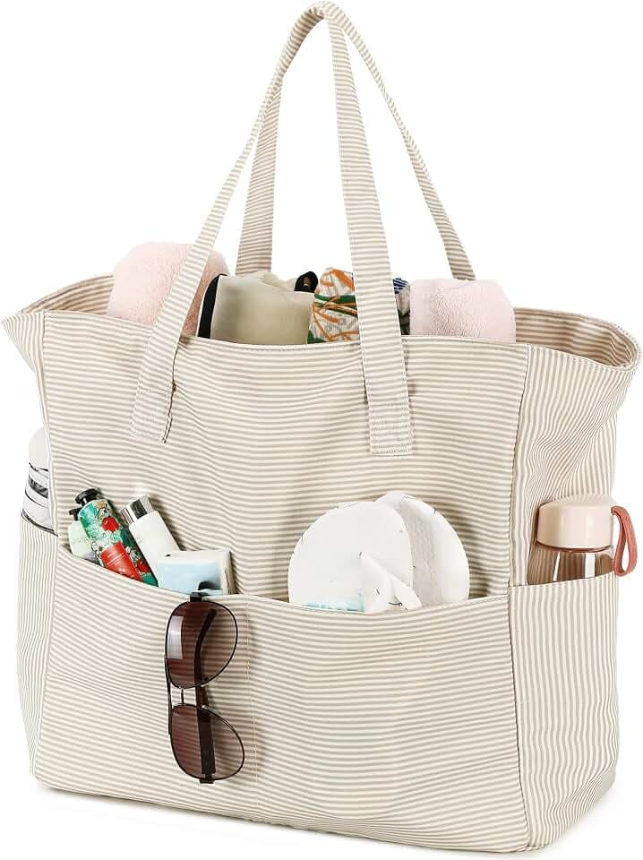 LEDAOU Beach Bag Waterproof Sandproof Women Beach Tote Pool Bag with Zipper for Swim Gym Grocery Travel with Wet Pocket